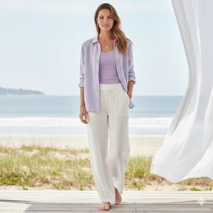 J Jill Love Linen Relaxed Button Front Shirt M Lilac Stripe Coastal Resort Beach